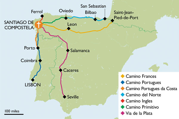 Map of Camino de Santiago routes