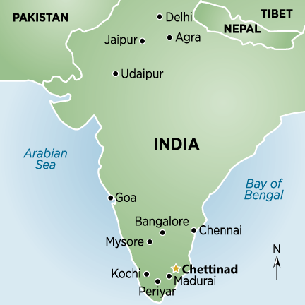 India map with Chettinad starred near bottom