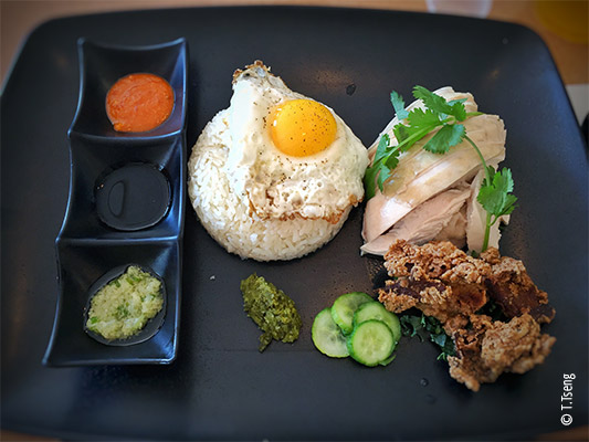 Hainanese Chicken Rice, with fried egg and buttermilk fried chicken skin photo credit T.Tseng