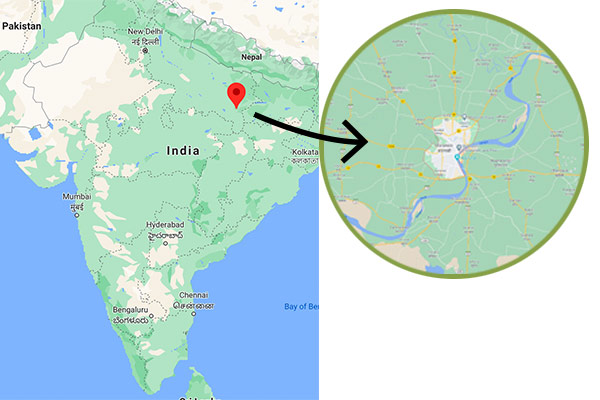 India map with Varanasi and Ganges River plotted